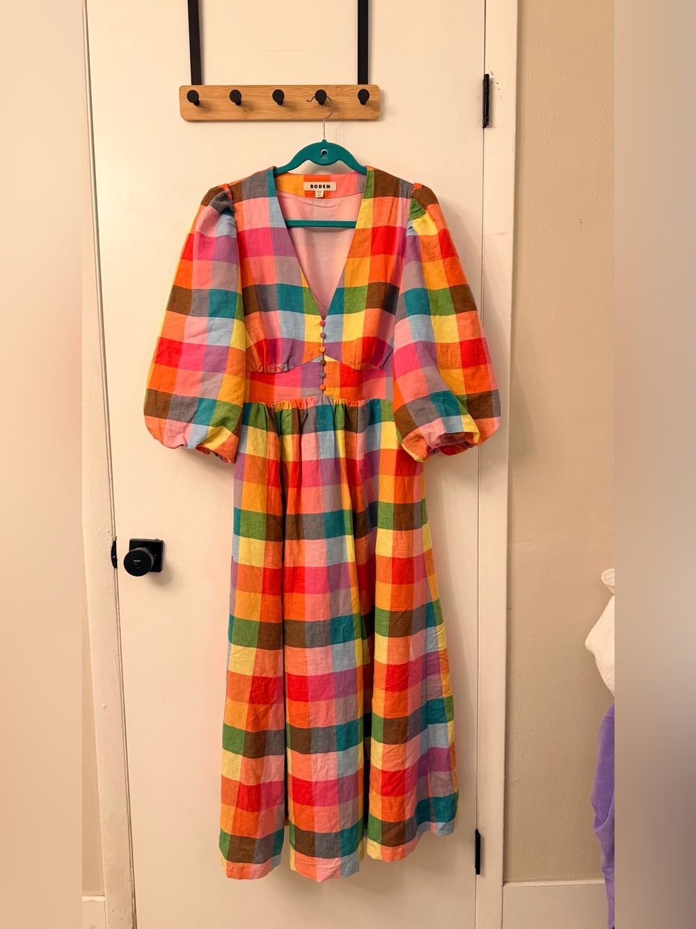 Boden Lola Blouson Maxi Dress Rainbow Multigingham  | Size: 12